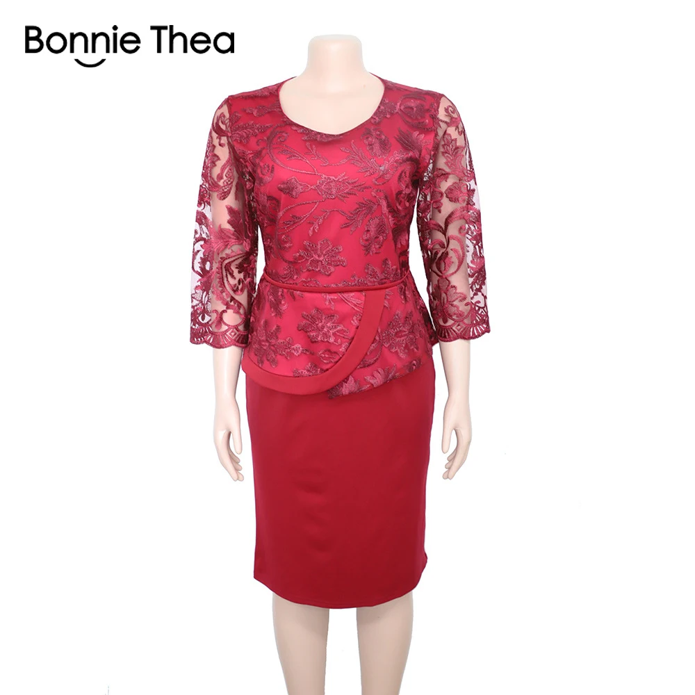 Bonnie Thea, кружевное платье-карандаш с вышивкой, весенние и осенние женские вечерние платья больших размеров, элегантное облегающее платье миди для работы, большие размеры