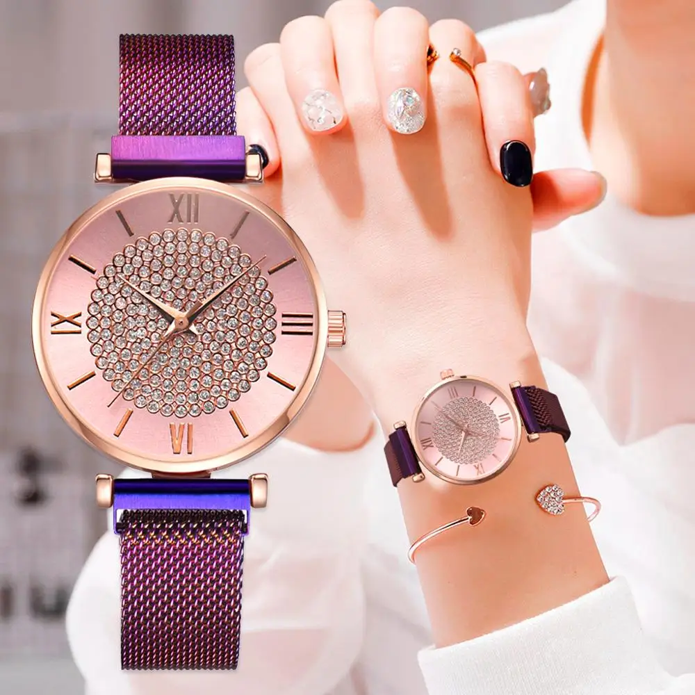 

Fashion Women Bracelet Watches Purple Mesh Female Quartz Starry Sky Wristwatches Lucky Ladies Magnet Clock Luxury Reloj Mujer