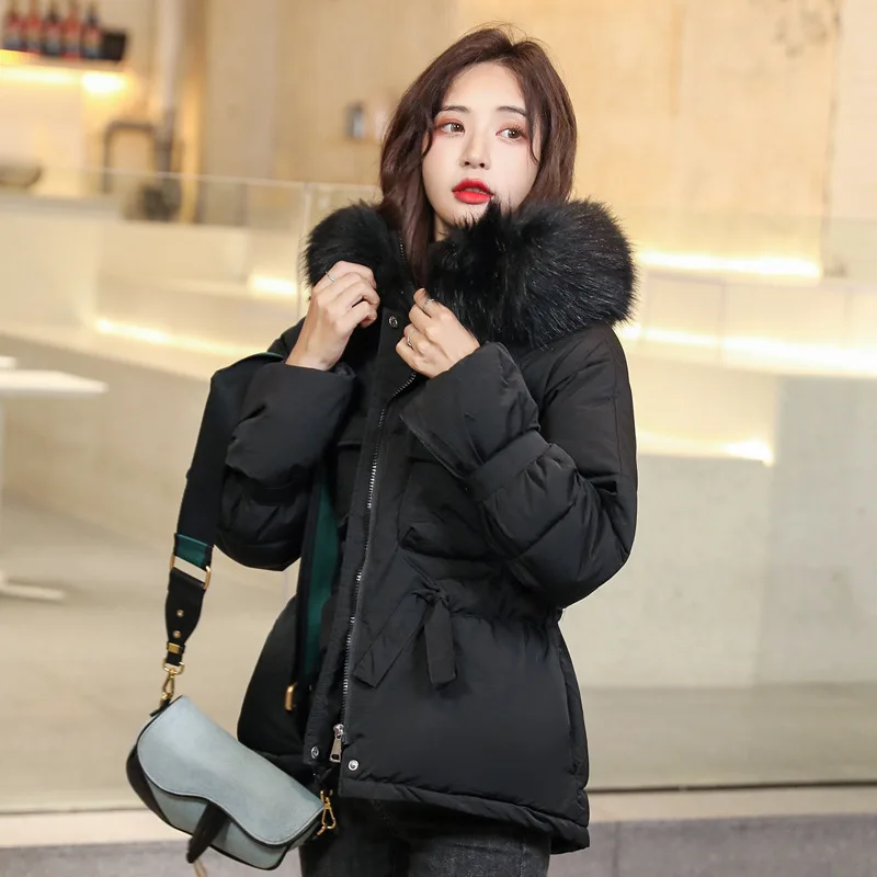 warm black jacket FORERUN пальто с капюшоном и большим мехом, женские зимние куртки с бантом на талии, тонкая модная пуховая куртка, Теплая стеганая парка, Manteau Femme Hiver - Цвет: warm black jacket