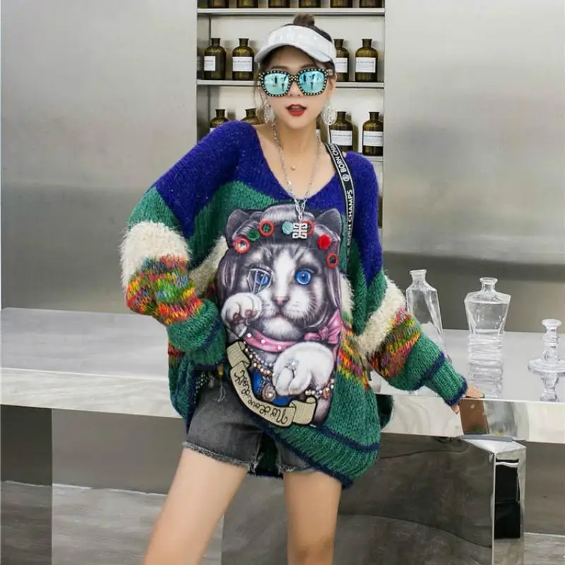 Harajuku свитер с рисунком кота из мультфильма Женский Повседневный пуловер с длинным рукавом большого размера модный вязаный свитер с блестками