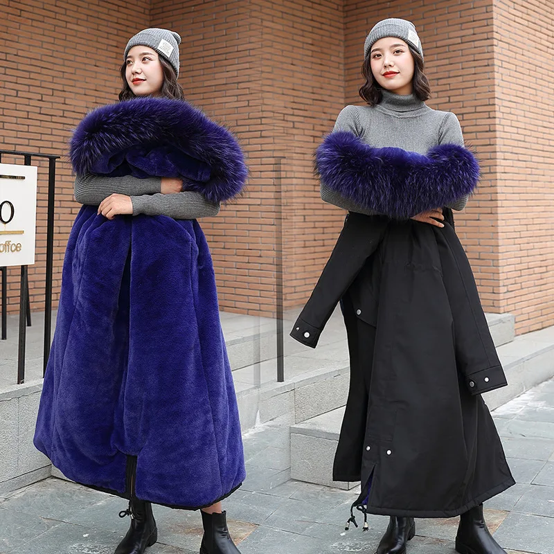 Зимнее женское пальто, большой меховой воротник с капюшоном, хлопок, шерсть, длинная куртка, Женская парка, верхняя одежда размера плюс, Jaquetas Feminina - Цвет: Черный