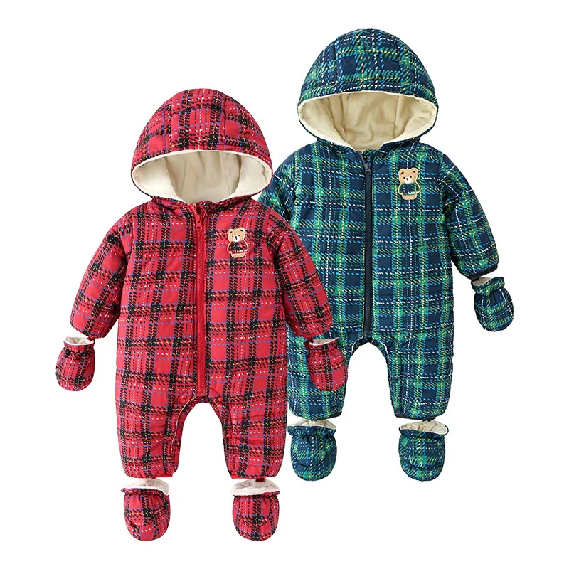 

New baby boy winter coat plaid cotton plaid khaki hooded jumpsuit newborn crawling toddler snowsuit baby girl winter coat