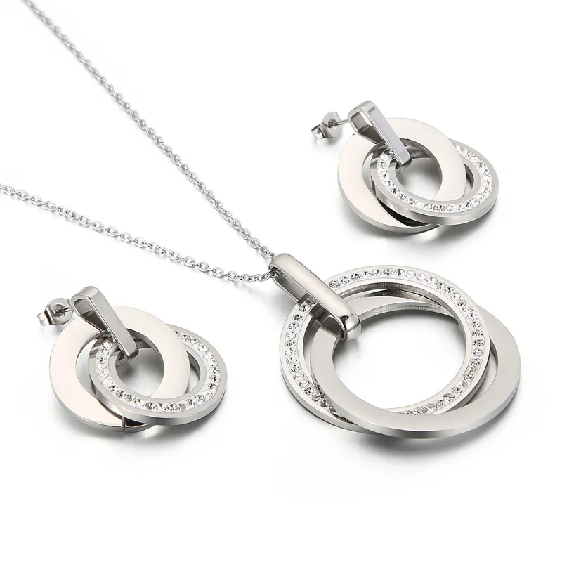 Elegante runde Anhänger-Halskette, Tropfenohrringe für Damen, Edelstahl, Zirkon-Kette, Schmucksets, Hochzeitsgeschenk – Detail 15