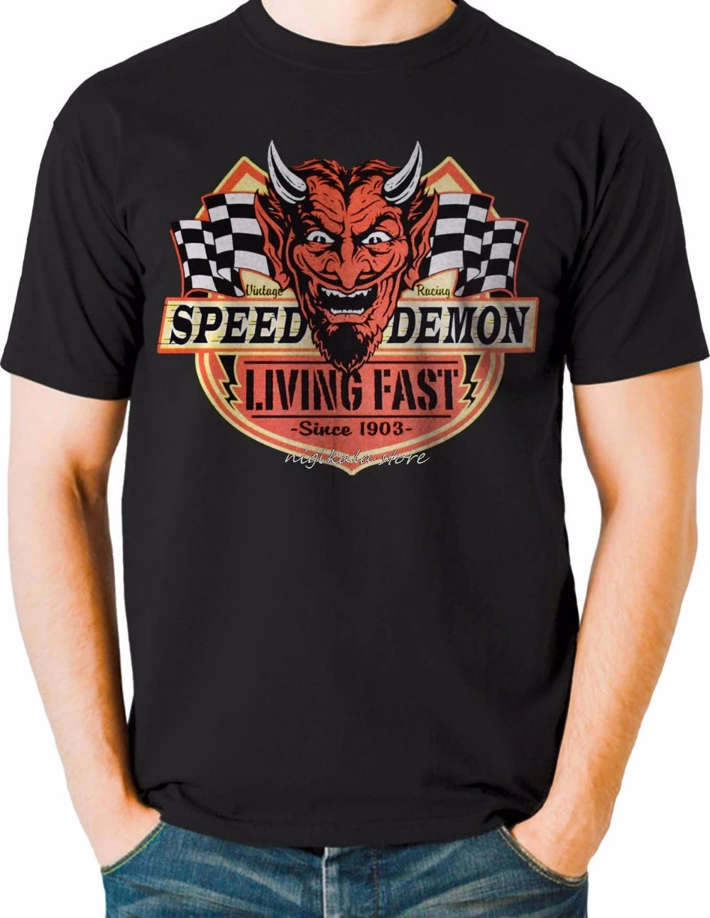 

Summer T Shirt Custom Any Logo T-Shirt Rockabilly Speed Demon Living Fast Devil Face Retro Hot Rod Us Carblack Tee Shirt