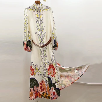 

Women Dress High Waist Sashes A Line Summer Dress Long Sleeve Single-Breasted Fashion Print Dress Bohemian Midi Dresses