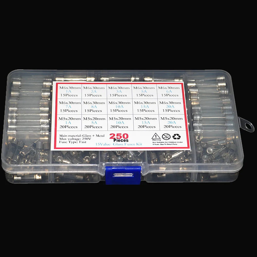 Glass Fuses 5x20mm 6x30mm Fuse Assorted Kits Quick Blow Glass Tube Fast-blow Fuses 1-20A 250v 250Pcs/box Set Kit