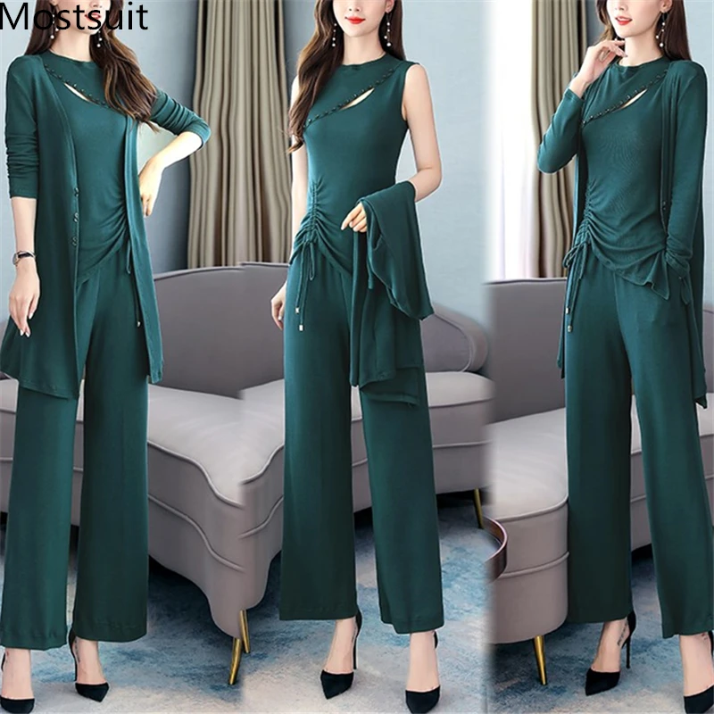 

Knitted 3 Pieces Sets Outfits Women Plus Size Hollow Vest+long Cardigan+wide Leg Pants Suits Elegant Korean Office Sets 2019