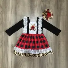Christmas tree winter baby girls cotton plaid leopard dress ruffle children clothes boutique outfits white match bow knee length