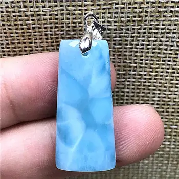 

Natural Blue Larimar Pendant For Woman Man Crystal 28x13mm Rectangle Beads Silver Dominica Clear Water Pattern Gemstone Jewelry