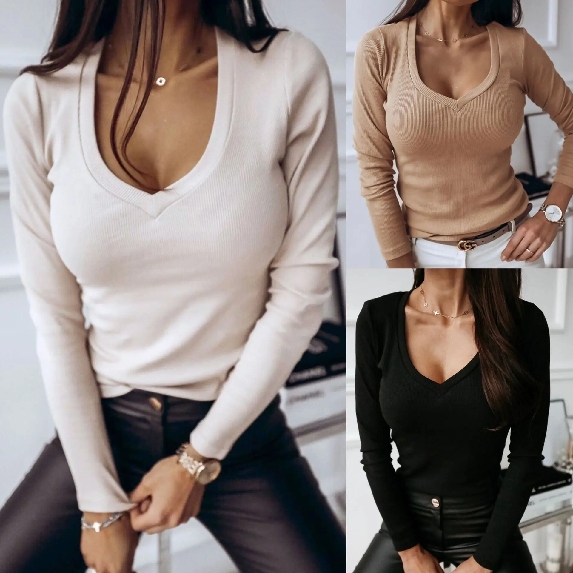 

Sexy Low Cut Solid Color Skinny Long Sleeve Women Blouse Fashion Long Sleeve Tops and Shirt Sexy Tops Long Sleeve Shirt
