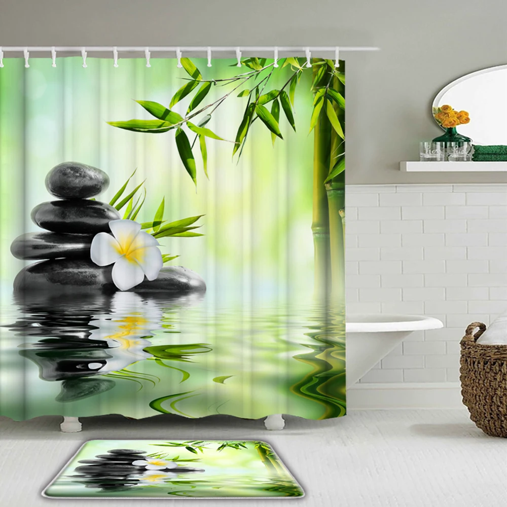 Bathroom Waterproof Fabric Shower Curtain Hooks Mat Zen Stone Bamboo 