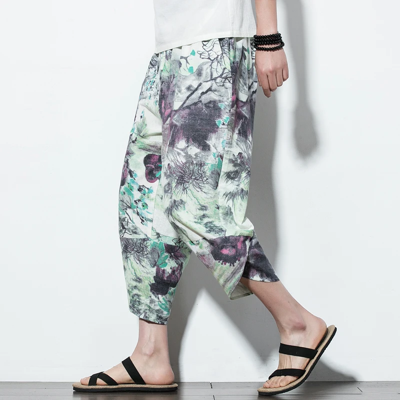 Sinicism мужские льняные брюки с принтом уличные джоггеры Брюки Модный шнурок хип хоп свободные шаровары мужские тренировочные брюки