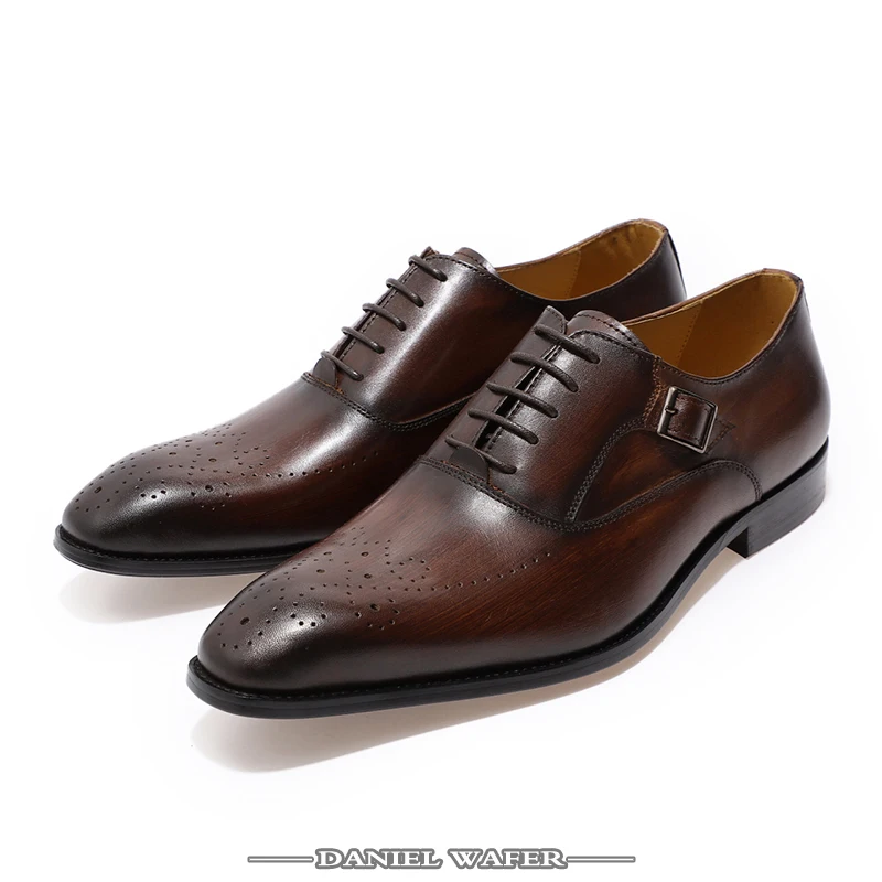 MEN GENUINE LEATHER OXFORD SHOES MEN BUCKLE STRAP OFFICE DRESS WEDDING SHOES BROWN BROGUE POINTED TOE OXFORD FORMAL SHOE SUMMER