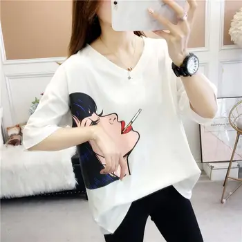 

Short-sleeved T-shirt girl summer dress 2020 new junior high school students Korean version of loose cartoon cute V-neck dress