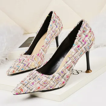 

2020 Fashionable patchwork wool women's shoes thin heels with high heels and high heels with sharp elegant stilettos