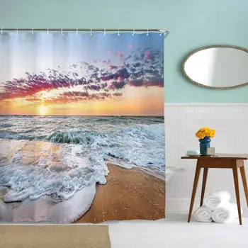 

72 x 72 inches Shower Curtain Beautiful Sunset at Beach Gold Sky Blue Sea Water Soap Resistant Machine Washable Fabric Bathroom