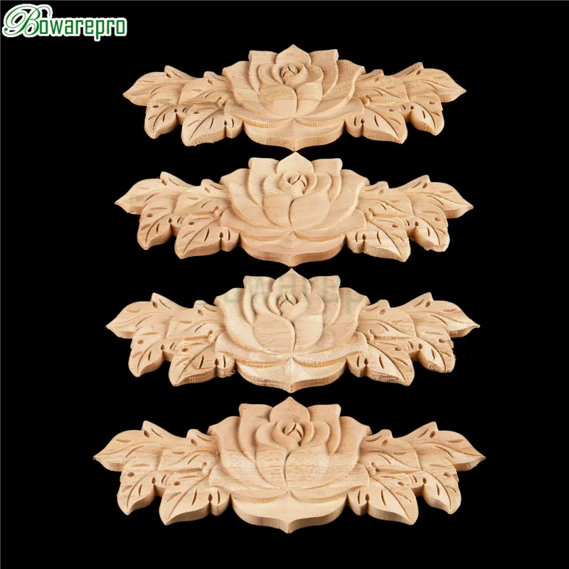 bowarepro 4pcs Solid Wood Rose Floral Wood Carved Decal Angle Wall Doors Furniture Decorative Wooden Figurines Crfts 20*8/23*9cm