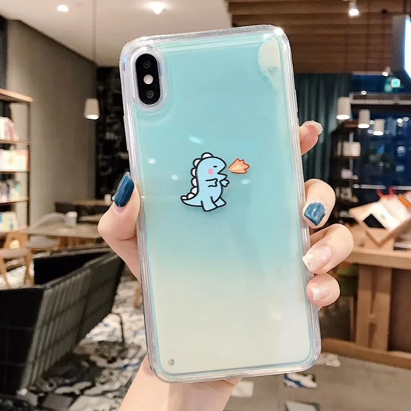 Светящийся неоновый песочный детский чехол динозавра для iphone X XR XS Max для iphone 6 6s 7 8 Plus жидкий Блестящий песок чехол Капа