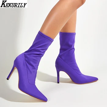 

Sexy Elasticity Sock Boots Women Fashion Pointed Toe Mid-calf Boot Laides High Heels Shoes Slip on Half Booties Zapatos De Mujer