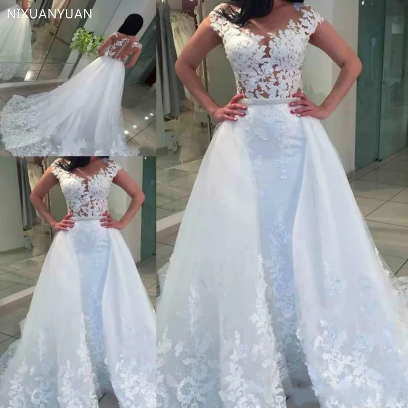 

Vestido De Noiva Cap Sleeve Mermaid Wedding Dress Detachable Train Wedding Dresses Illusion Sexy Lady Bridal Gowns