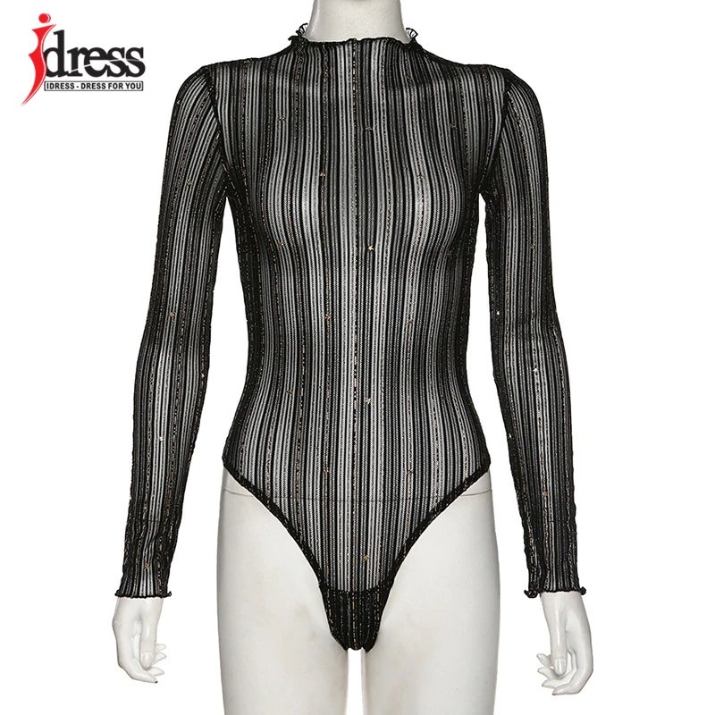 IDress осень зима боди Macacao Feminino Боди Комбинезоны для женщин сексуальный шикарный полосатый комбинезон с круглым вырезом