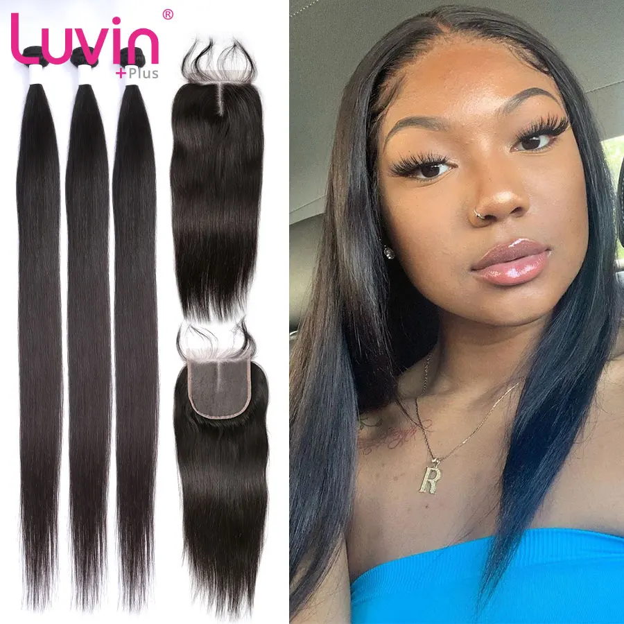 Luvin OneCut волосы прямые перуанские человеческие волосы 3 4 пряди с закрытием девственные волосы кружева закрытие всего 4 шт./лот наращивание волос