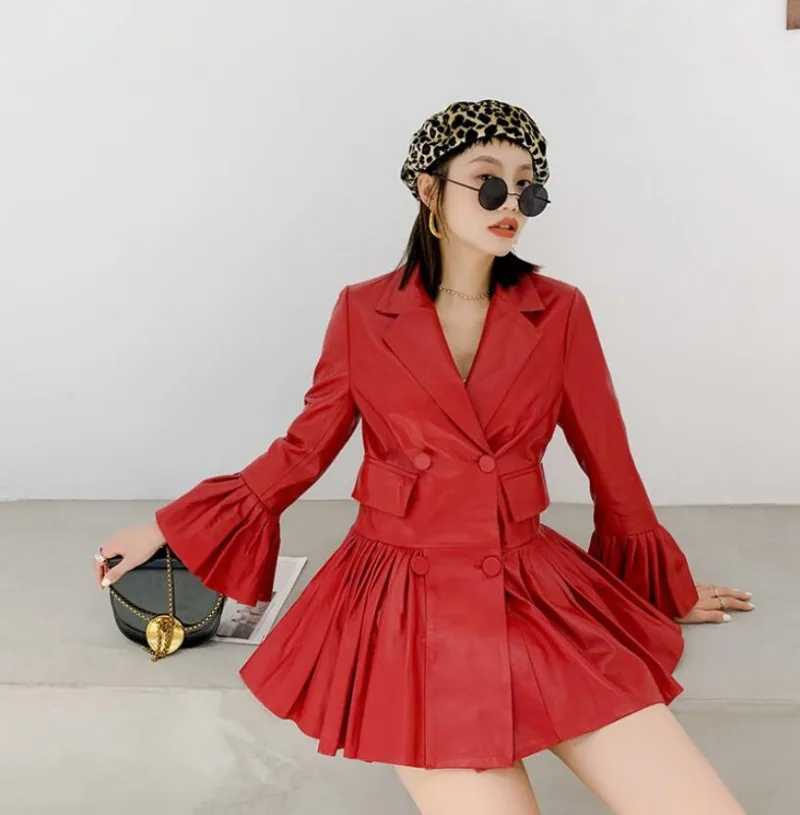 High Street Womens Double Breasted Slim Fit Genuine Leather Jackets Fashion Long Flare Sleeve Pleated Sheepskin Coats Plus Size
