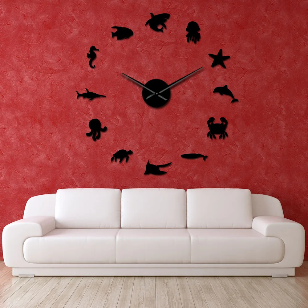 Aquatic Animals Wall Art 3D Mirror Stickers DIY Giant Wall Clock Undersea Kid Room Nursery Wall Decor Sea Life Frameless Watch 5