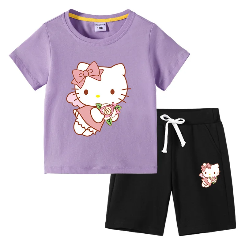 thumbnail image 1 of Conjunto de camiseta de manga corta para niños de Hello Kitty, ropa de algodón para bebés, pantalones cortos de media manga para niños y niñas, traje de dos piezas, 1 of 5