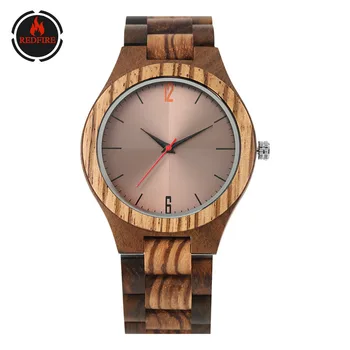 

REDFIRE Coffee Brown Reflective Dial Men's Wood Watch Quartz Movement Business Style Creative Male Wooden Wristwatch Gifts Item