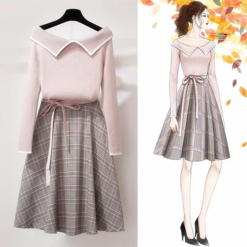 Осенняя Милая клетчатая юбка комплект из 2 предметов повседневный женский свитер