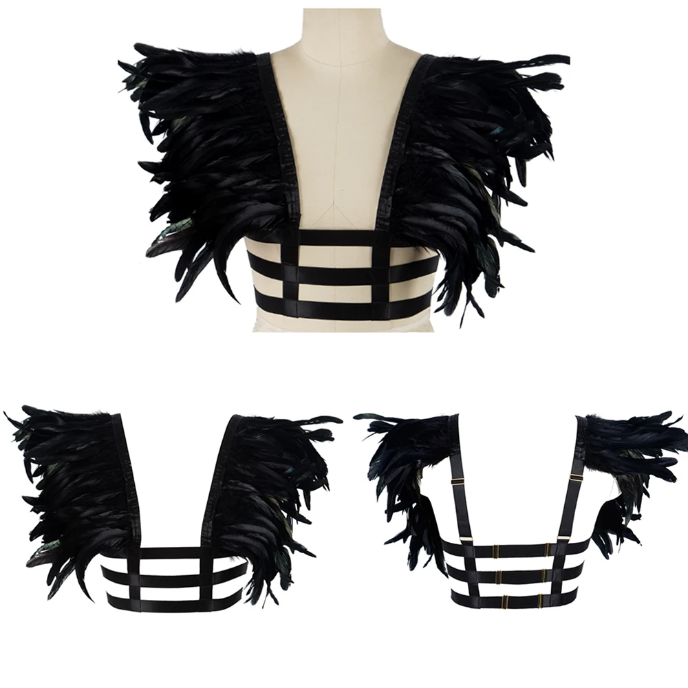 

Sexy Harness Fashion Belt Black Natural Feather Accessories Tops Halloween Carnival Exotic Costume Punk Goth Suspender Underwear