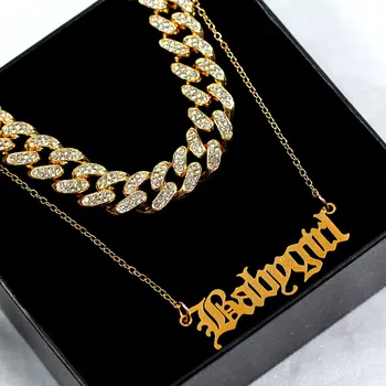 

Flatfoosie Multilayer Crystal Cuban Chain Choker Necklace for Women Gold Color Babygirl Letter Pendant Necklace Punk Jewelry