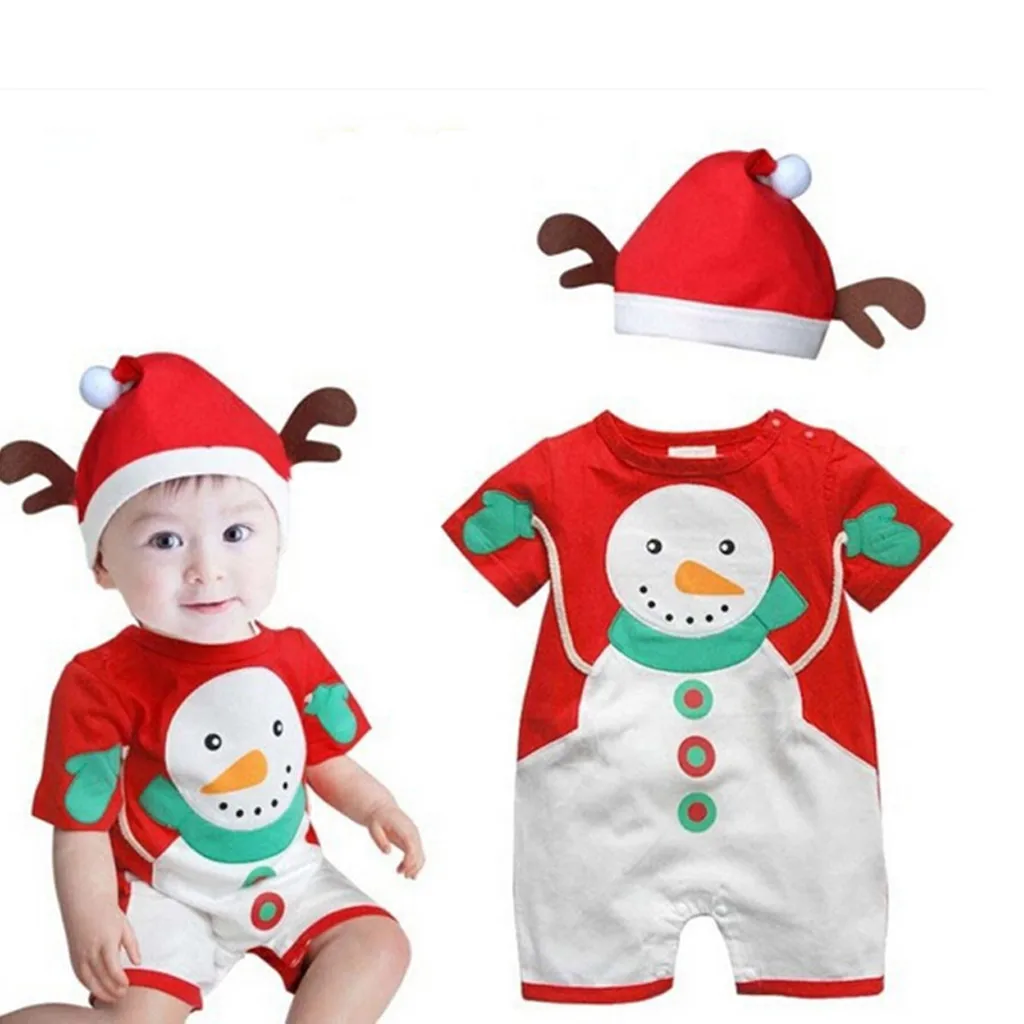 

Toddler Kids Baby Boys Girl Clothes Christmas Romper Newborn Snowman Cartoon Short Sleeve Jumpsuit+Deer Hat Outfits