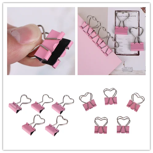 5 unids/lote de Clips de Color rosa de carpeta metálicos notas con forma de corazón, Clip de papel, suministros de oficina 3,5*2,5 cm