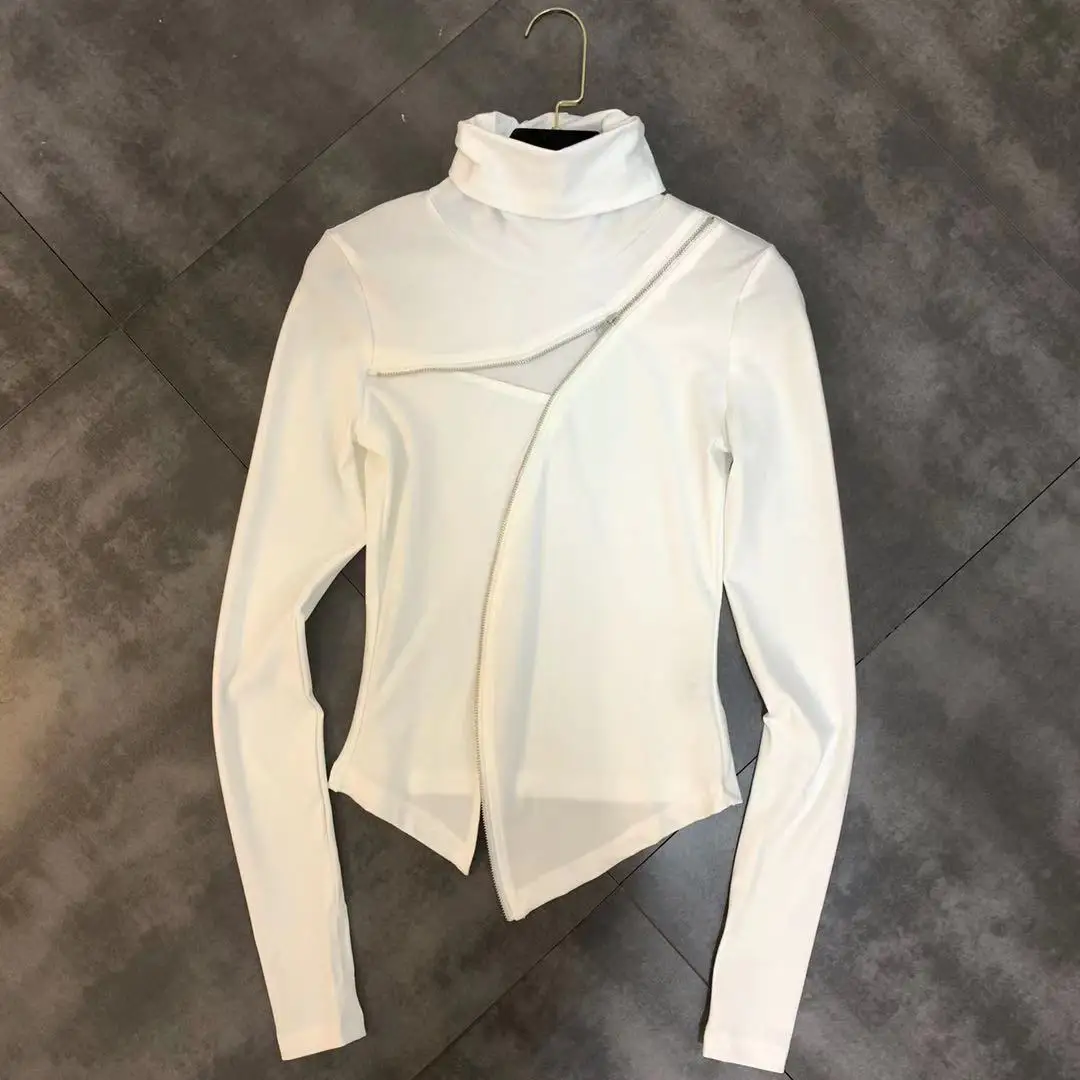 New Winter T Shirt Long Sleeve High-necked Long-sleeved Zipper Decoration Shirt Female Backing Hollow Chest - Color: White