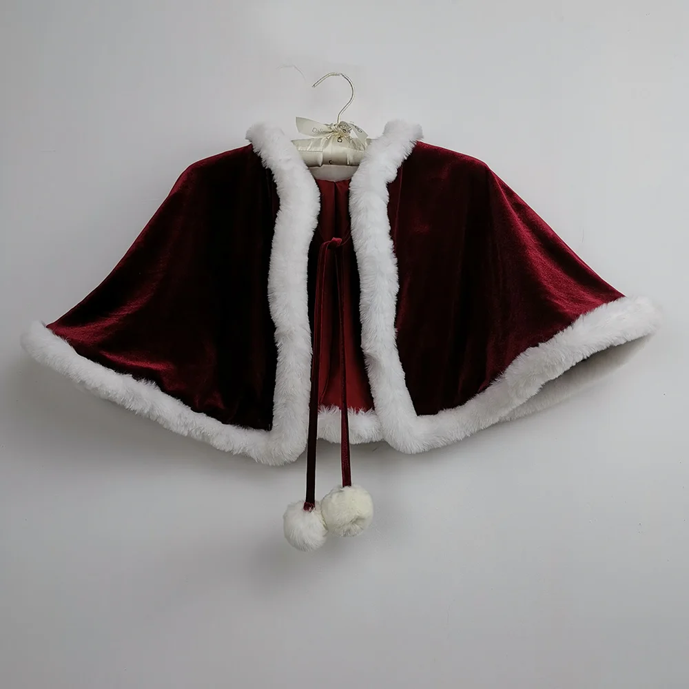 

Christmas Gift Velvet Children Wraps Girl and Boy Opera Cape Short Tippet Women Stoles with White Fur for Photography Props