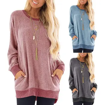 

Women Casual Long Sleeve Hoodies Sweatshirt Color Block Round Neck Pullover Tunic Tops Lady Loose Fit Streetwear with Pockets