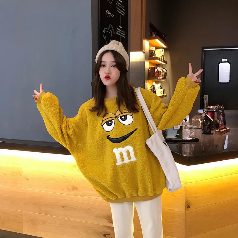 Cartoon Plush Hoodie New Style Women's Autumn And Winter Korean-style Loose-Fit Students Thick Embroidery Warm fang yang gao Swe