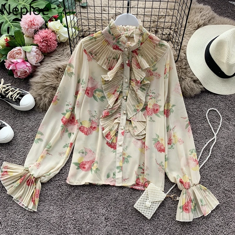 Neploe, женская шифоновая блузка, плиссированная, с оборками, из кусков, Blusas, топ, новинка, Корейская, расклешенная, с длинным рукавом, с цветочным принтом, рубашка 55846