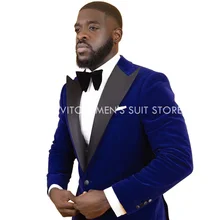 

Winter Warm Blue Velvet Blazer With Black Pants/Men Suits Slim Fit 2piece/Wedding Best Man Groom Clothing/Latest Formal Male Set