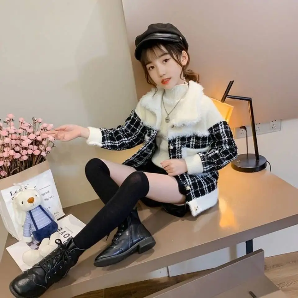

Fashion 2020 Children Autumn Winter Jackets Coat For Girls Clothes Turn-down Collar Coats Kids Plaid Outwear 6 8 10 12 14Year