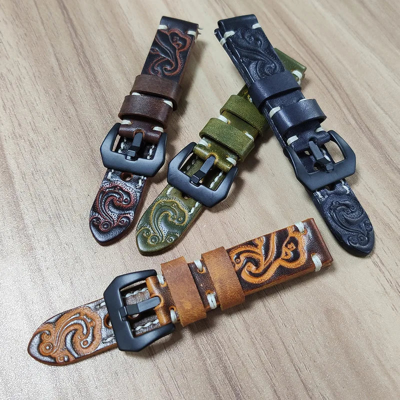 

Genuine Leather Carved Embossed Watch Strap 20mm 22mm 24mm Watch Band Handmade Vintage Watchband For Panerai Silver apple band