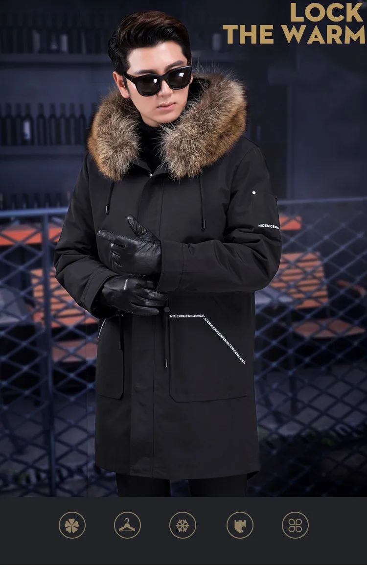 JKP зимнее теплое пальто с подкладкой из кроличьего меха для мужчин утепленная парка с воротником из натурального меха енота длинные куртки роскошное Брендовое пальто
