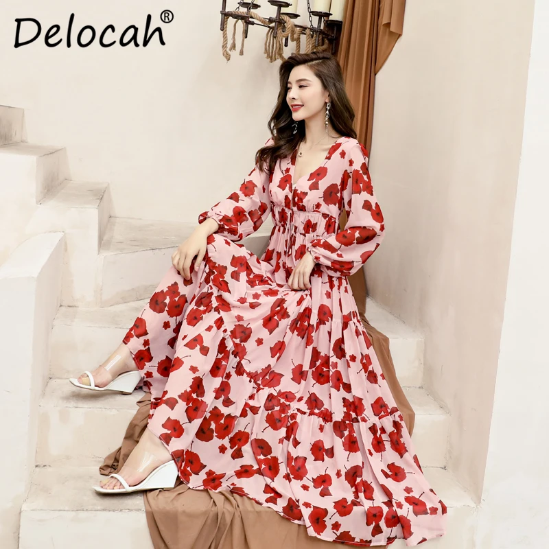 Delocah Women Autumn Dress Runway Fashion Sexy Deep V-neck Floral Print Back Zipper High Waist Elegant Casual Holiday Long Dress