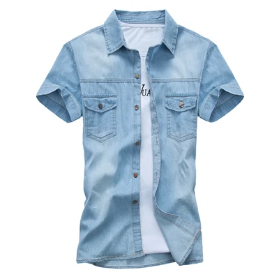 Light blue Tide Pop Tide Летняя мужская однотонная джинсовая рубашка с коротким рукавом мужская Повседневная Удобная Корейская Стильная джинсовая рубашка с отложным воротником - Цвет: Light blue