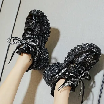 

Women Chunky Sneakers Designer Dad Shoes Platform Shining Black Red Ladies Ulzzang Fashion Leather Casual Shoes Woman 2020 New