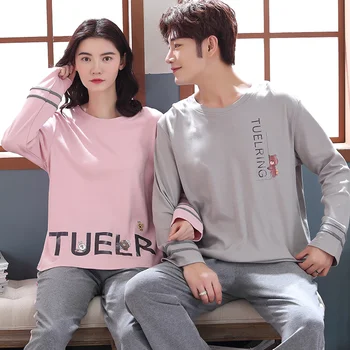 

New 2020 Cotton Couple Pajamas Two Piece Spring Autumn Pijama Mujer Night Clothing Lovers Sleepwear Big Yards Women Pyjama