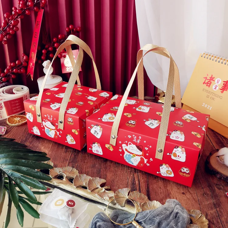 10PCS Happy lucky Cat Portable Paper Box Baking Tea Box Red Leather Handle box Wedding birthday gift holiday packaging Handbag 10PCS Happy lucky Cat Portable Paper Box Baking Tea Box Red Leather Handle box Wedding birthday gift holiday packaging Handbag