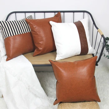 

Nordic Leather Throw Pillow Covers Decorative Stripe Patchwork Canvas Pillowcases Soft Cushion Square Cojines for Sofa Bedroom